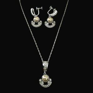 50s Sterling Silver Necklace Earrings Set MCM Faux Pearl Rhinestone Formal VTG